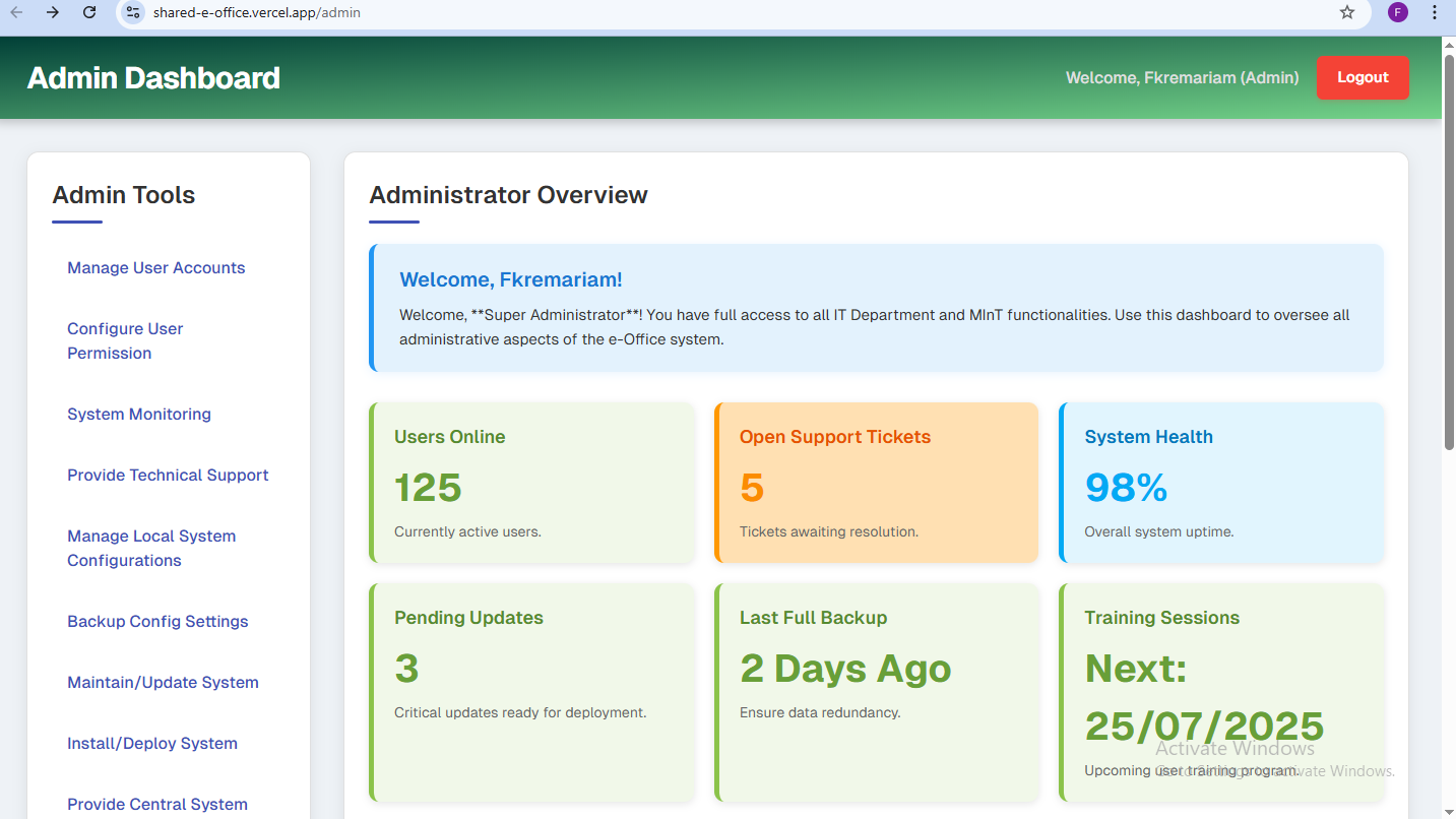Project 3 Thumbnail: Shared e-Office system for Federal Ministries of Ethiopia